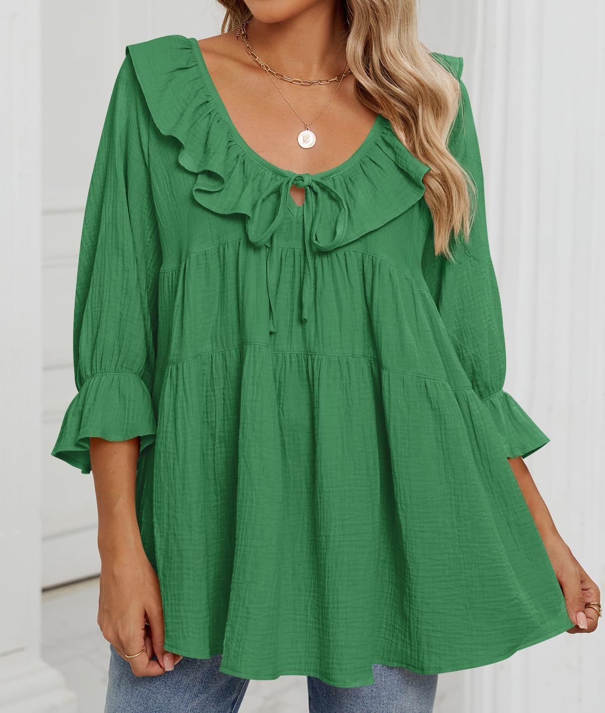ZESICA Womens Scoop Neck 3/4 Length Sleeve Tops 2026 Casual Tie Front Ruffle Tiered Loose Tunic Shirts Blouses Fall Outfits - Image 8