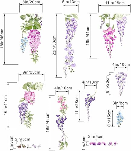 Miniatura 4 de Calcomanías de pared de flores de acuarela, enredaderas colgantes moradas, calcomanías de pared florales, dormitorio, sala de estar, sofá, TV,