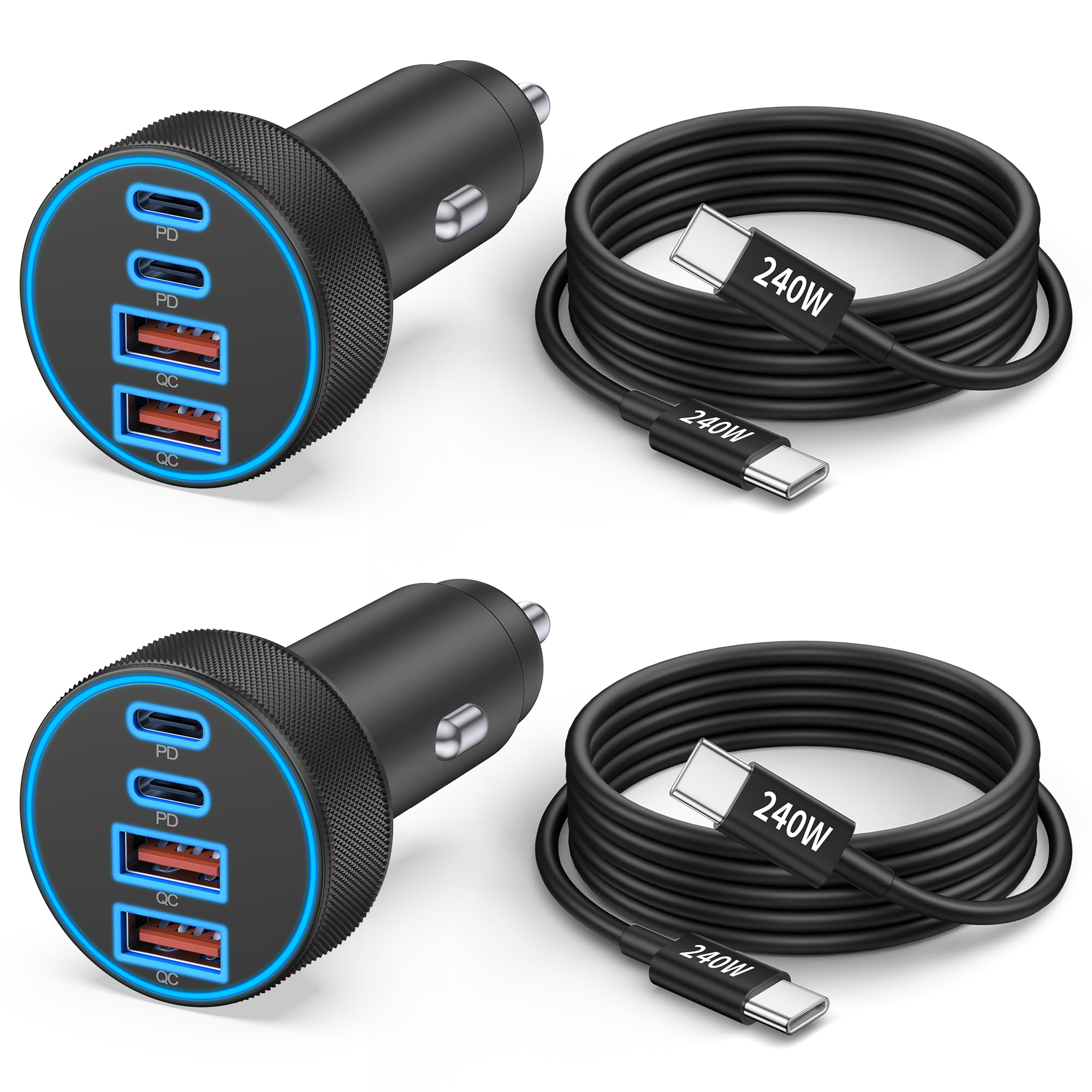 Caricabatteria da auto per iPhone 17, 16, 15 Pro Max, confezione da 2 caricabatterie da auto a 4 porte da 90 W con 4 porte USB C a ricarica rapida, accessori con cavo USB C da 240 W, 9 m, per iPhone