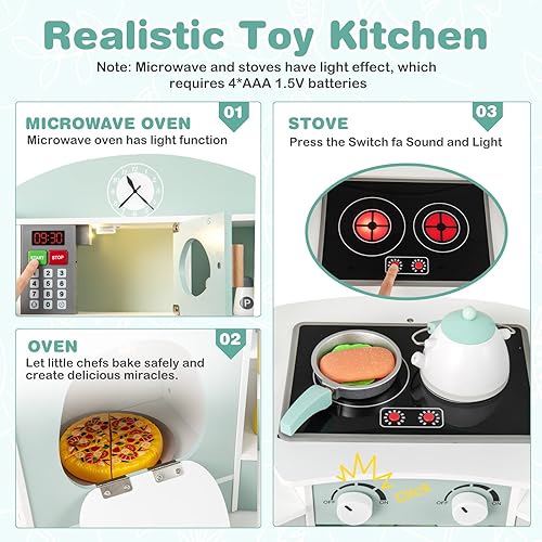 Miniatura 4 de INFANS Juego de cocina esquinera para niños, juego de cocina de madera para niños pequeños con luces, sonidos, máquina de café, lavadora, gabinete