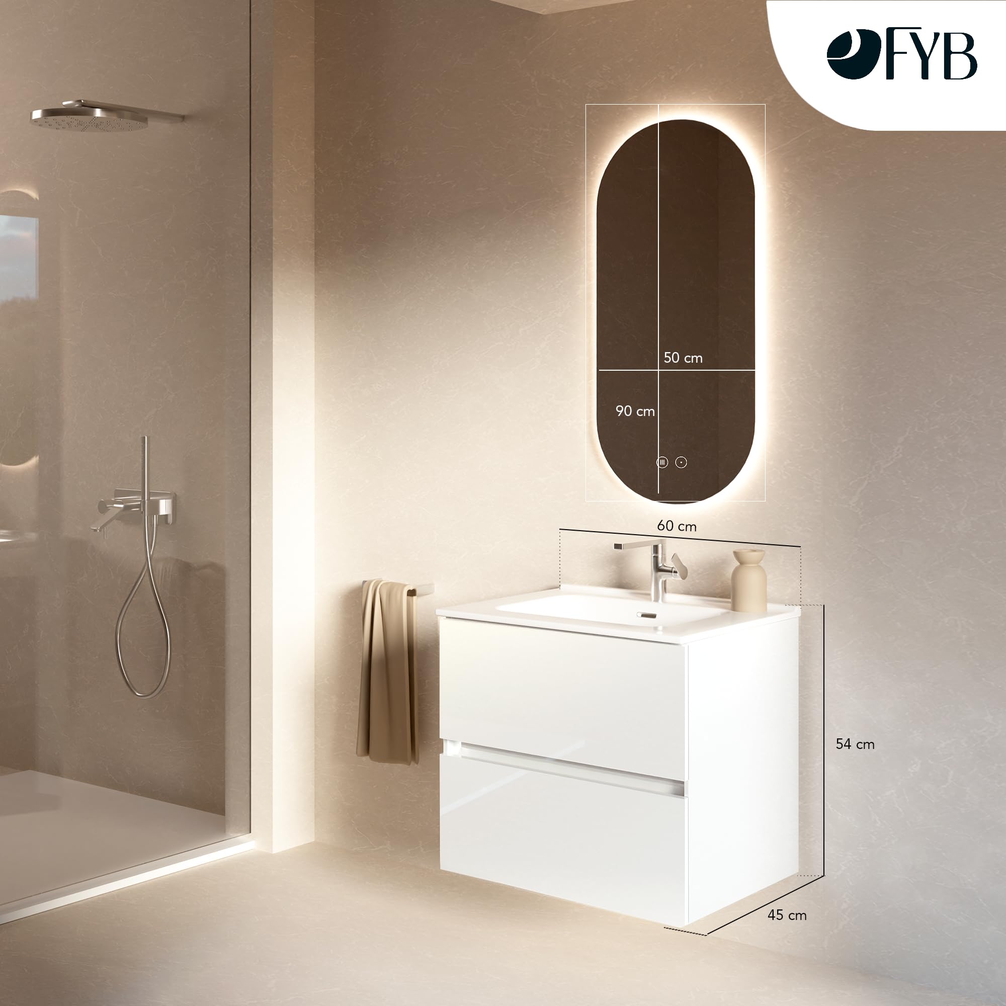 Mueble de Baño Lion 60 cm Blanco Brillo con Encimera Blanca Brillo, con Espejo Ovalado LED Antivaho, Lavabo, 2 Cajones Soft Close, Diseño Suspendido, Compacto para baños pequeños