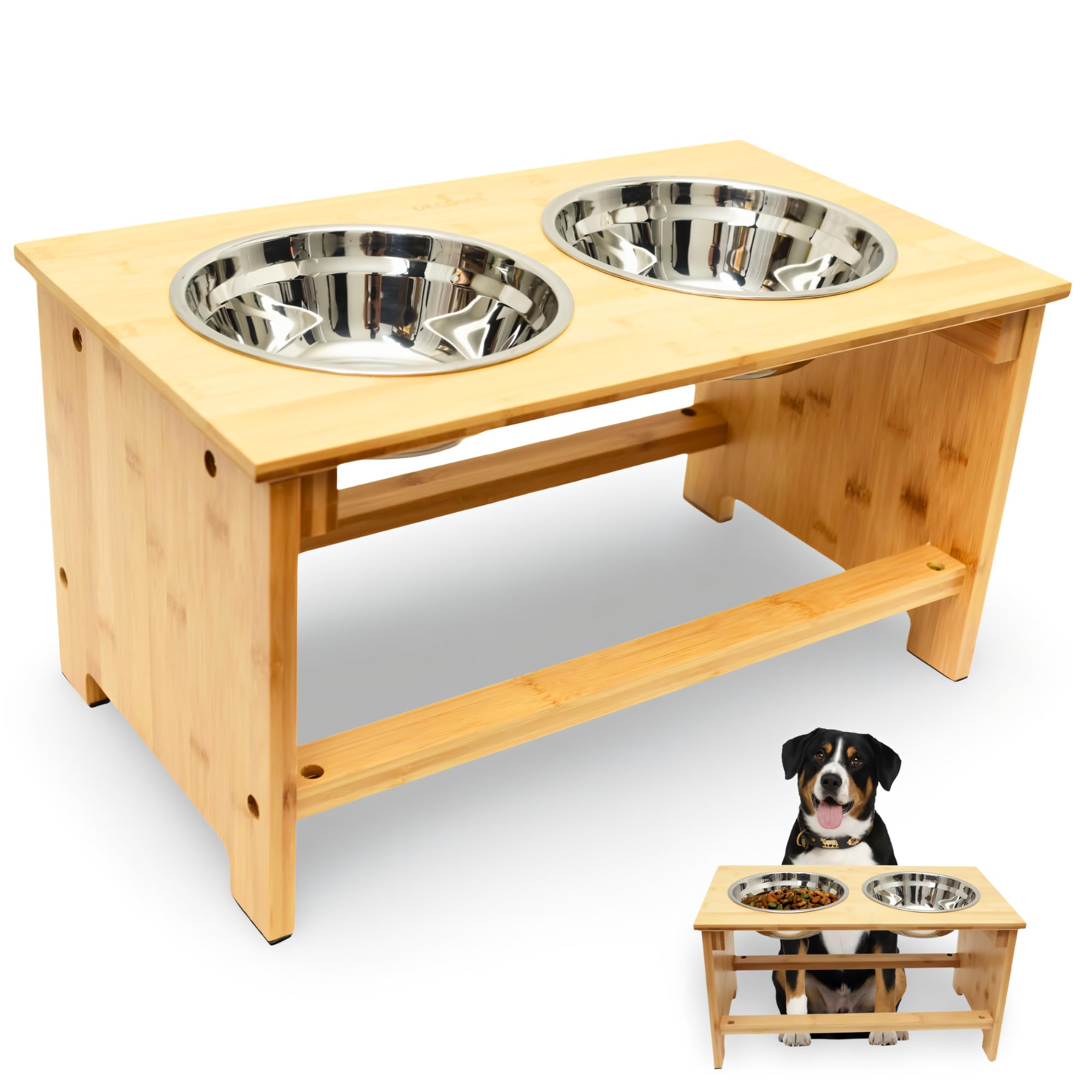 DECOMIL Raised Bowl Stand for Medium Sized Dogs, Elevated Feeding Station, Bamboo Stand With Food Bowls