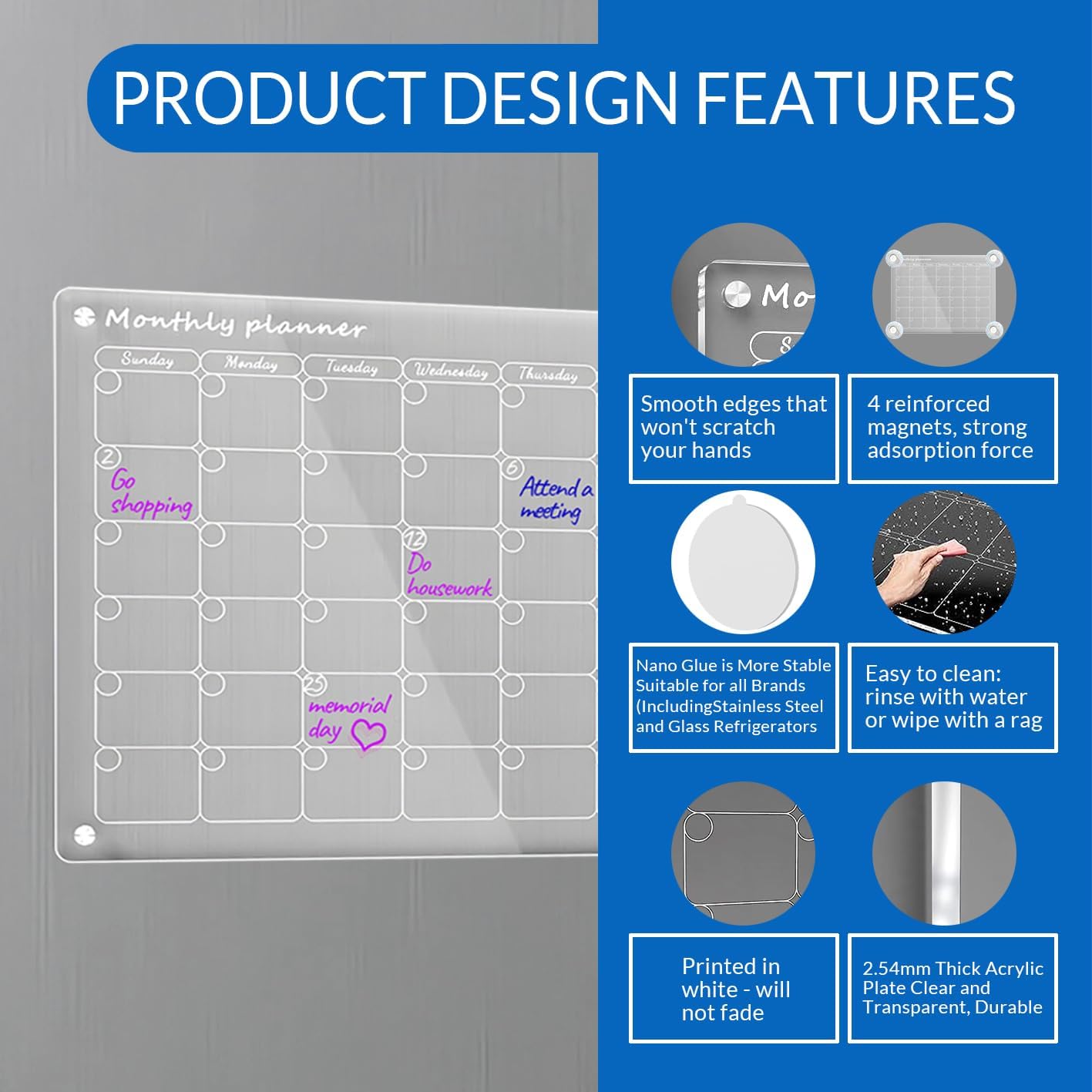 Acrylic Magnetic Dry Erase Board Calendar for Fridge, Clear Monthly Calendar for Refrigerator Includes 6 Dry Erase Markers with 3 Colors(16"x12")