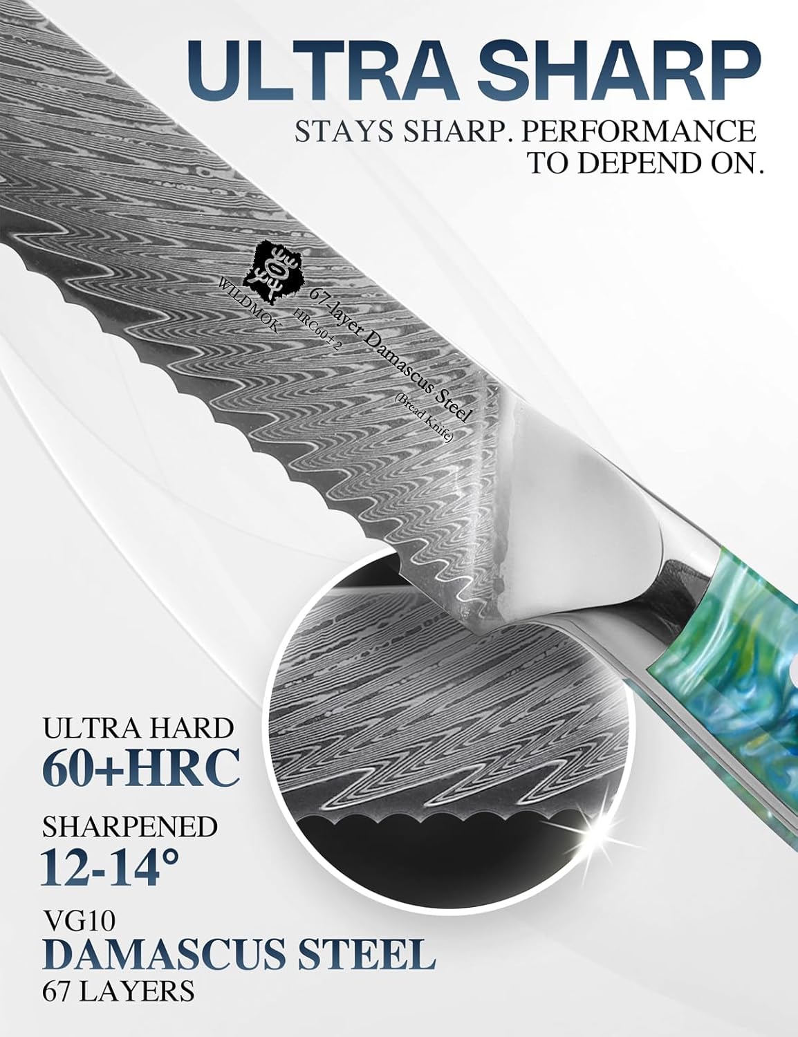 WILDMOK Chef Knife and Bread Knife, 8 inch Damascus Japanese Chef Knife 8 inch Serrated Bread Knife