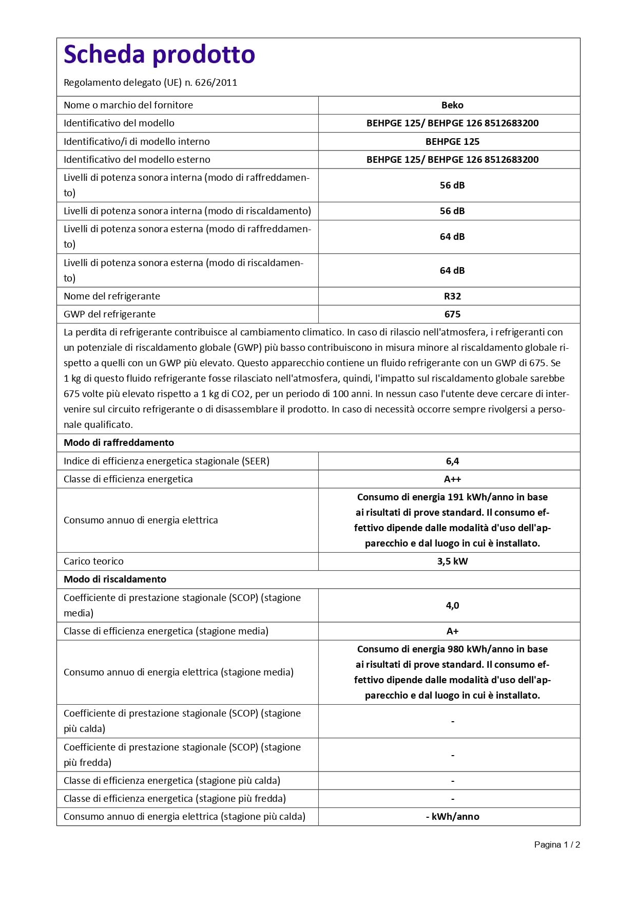 BEHPG 126/125 - Climatizzatore 12000 Btu, Monosplit, con Pompa di calore, Classe energetica A++/A+