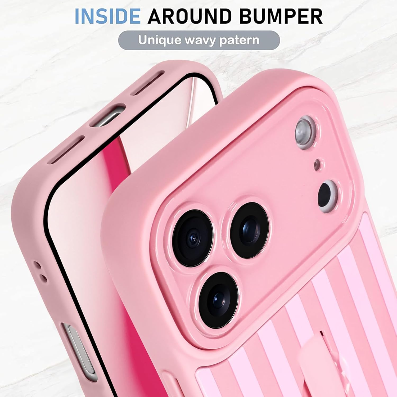 KANGHAR Compatible with iPhone 17 Pro Max Case 2025, Silicone Stripes Cute Pattern, Wristband Kickstand Camera Protection Soft Slim Cover for Girls Women -Pink - Image 4