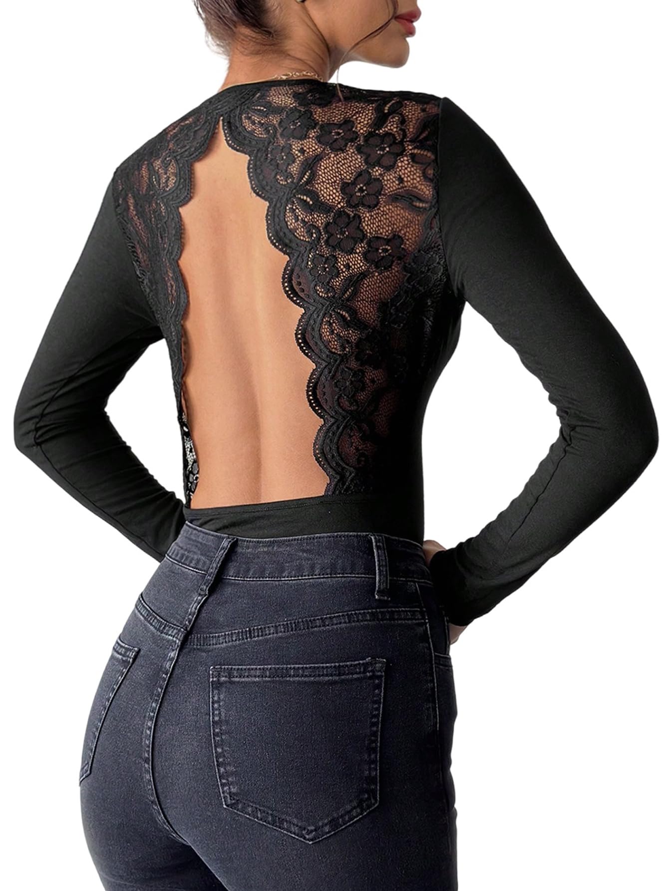GORGLITTER Body à manches longues pour femme avec dentelle - Élégant - Dos nu - Tenue de festival - T-shirt à manches longues