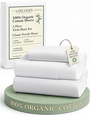 LANE LINEN 100% Organic Cotton Twin Sheets Set, 3Pc Twin Bed Sheets, Soft & Comfy Breathable Cotton Percale Sheets for Twin Size Bed, Dorm Room Essentials Low Pill Fade Resistant White Sheets