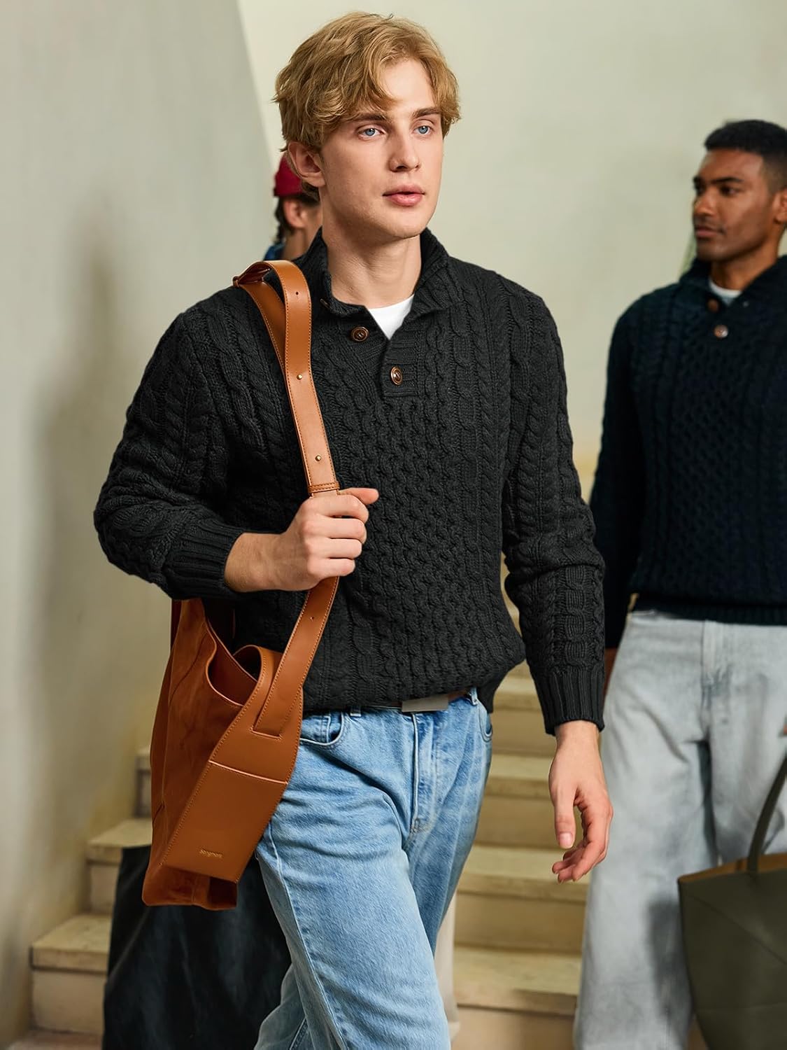 Bbalizko Mens Stand Collar Pullover Sweater Cable Knitted Chunky Winter Fashion Buttons Twisted Thermal Sweaters - Image 2