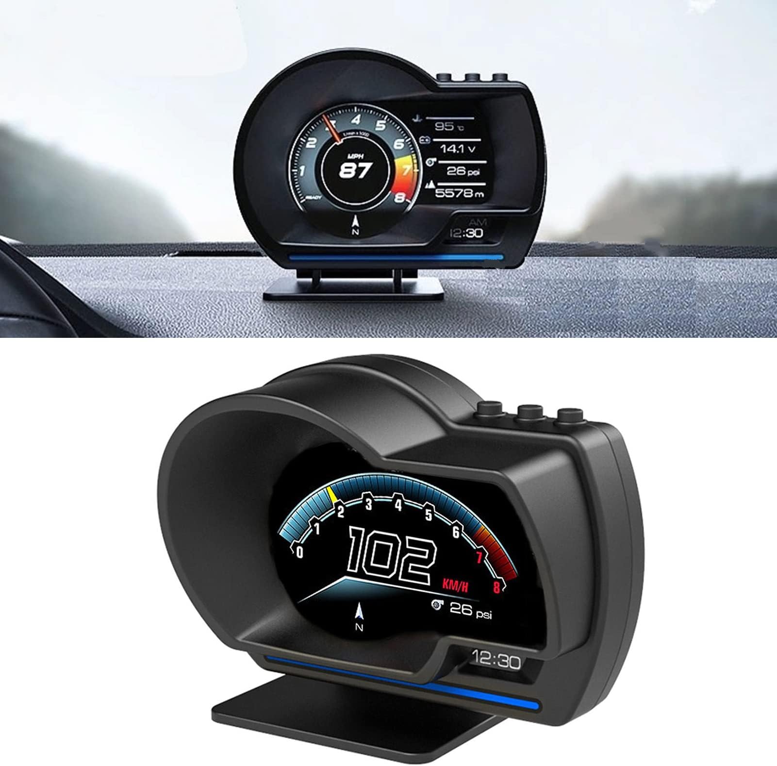 Head Up Display, Host, Qiilu Car Head Up Display OBD2+GPS Smart Gauge Car HUD Speedometer Turbo RPM Alarm for Car Truck