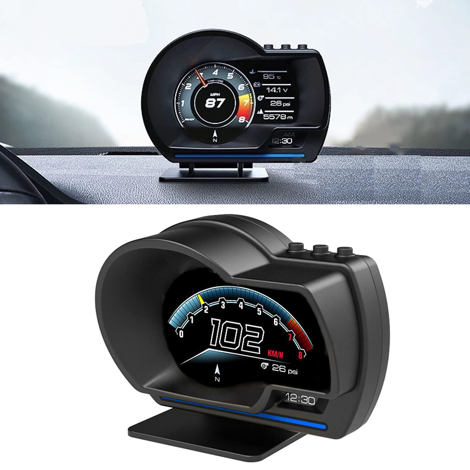 Qiilu Car Head Up Display OBD2+GPS Smart Gauge Car HUD Speedometer Turbo RPM Alarm for Car Truck