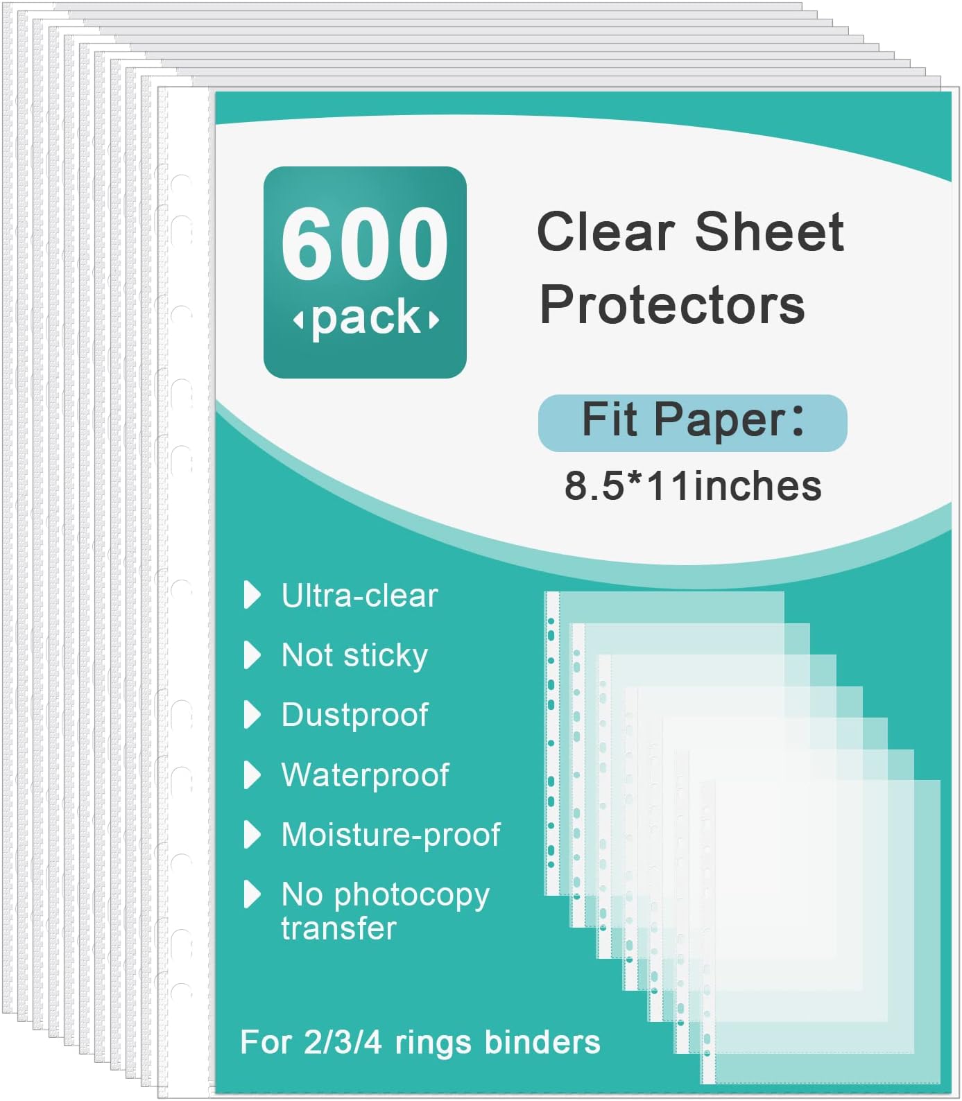 Epakh600 Pack Clear Sheet Protectors for 3 Ring Binder Page Protectors, Plastic Sheet Protectors Fits Standard 8.5 x 11 Paper, Reinforced 11 Hole Design