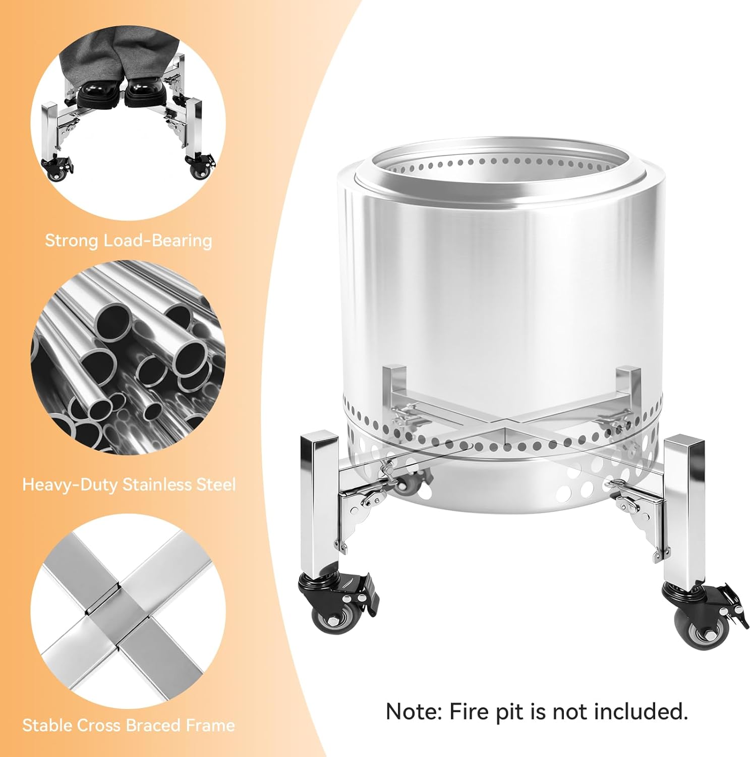 Adjustable 18-28" Rolling Firepit Stand for Solo Stove Bonfire, Yukon, Ranger Fire pit, Stainless Steel Fire Pit Stand on Wheels, Easy Mobility, Camping Accessory for Most 18-28 Inch Fire Pits