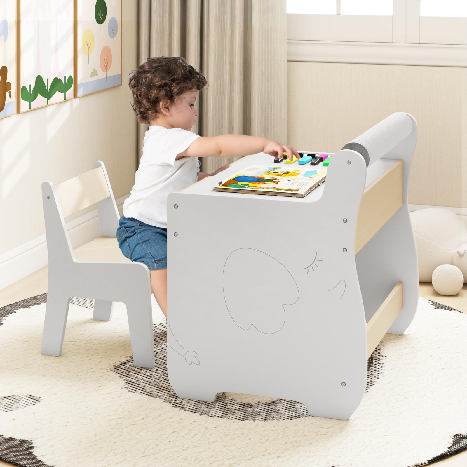 RELAX4LIFE Juego de mesa y silla 2 en 1 para niños, escritorio de madera con tablero extraíble de doble cara, amplio espacio de almacenamiento, diseño multifuncional para habitación de los niños