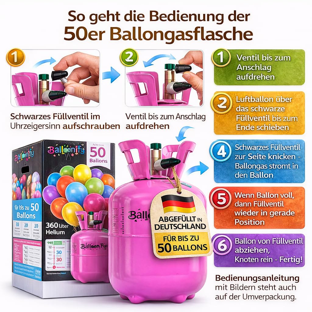 Helium Ballongas für 20/30/50 Ballons | Heliumflasche Set mit Knickventil für Luftballons + Folienballons | Geburtstag Party Hochzeit Flasche, Größe: Ballongas für 50 Ballons