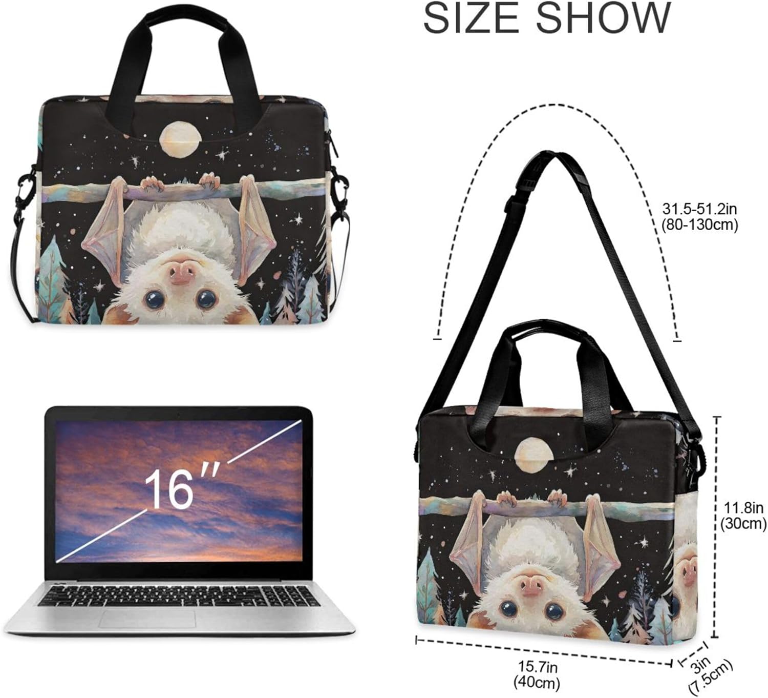 ALAZA Cute Bat Halloween Laptop Case Bag Sleeve Portable Crossbody Messenger Briefcase w/Strap Handle, 13 14 15.6 inch