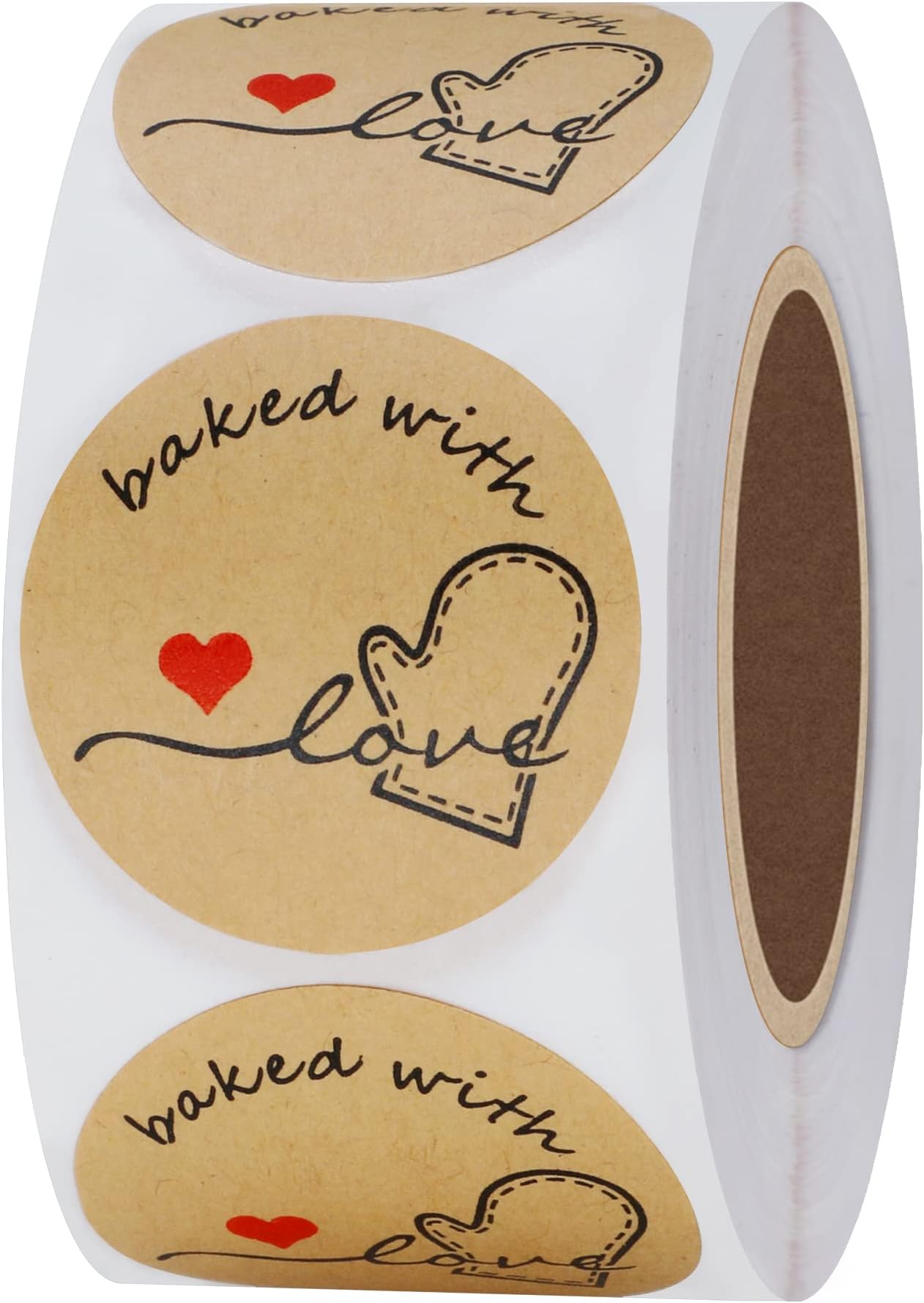 Hybsk Rustic Baked with Love Stickers with Wreath Around 1.5" Inch Round Total 500 Adhesive Labels Per Roll(Kraft)