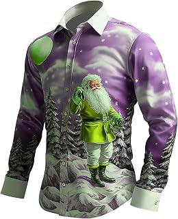 Mens Christmas Shirts Funny - Ugly Santa Claus Print Button Down Shirt Long Sleeve for New Years Eve Party