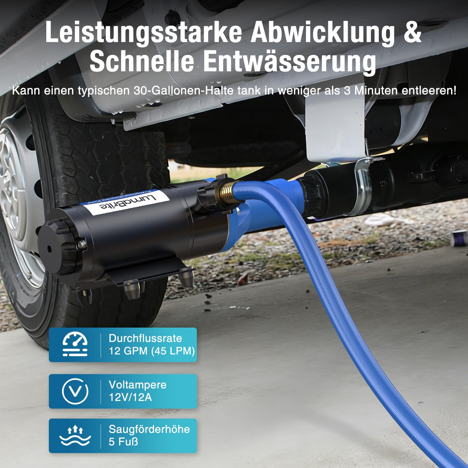 Zerkleinerungspumpensystem 12V, Zerhackerpumpe 12 GPM (45 LPM) | 5 FT Fäkalienpumpe 12V für RV Marine mit 4-Klingen-Hacker für Wohnmobile,Boote,Camper und marine Antiverstopfung