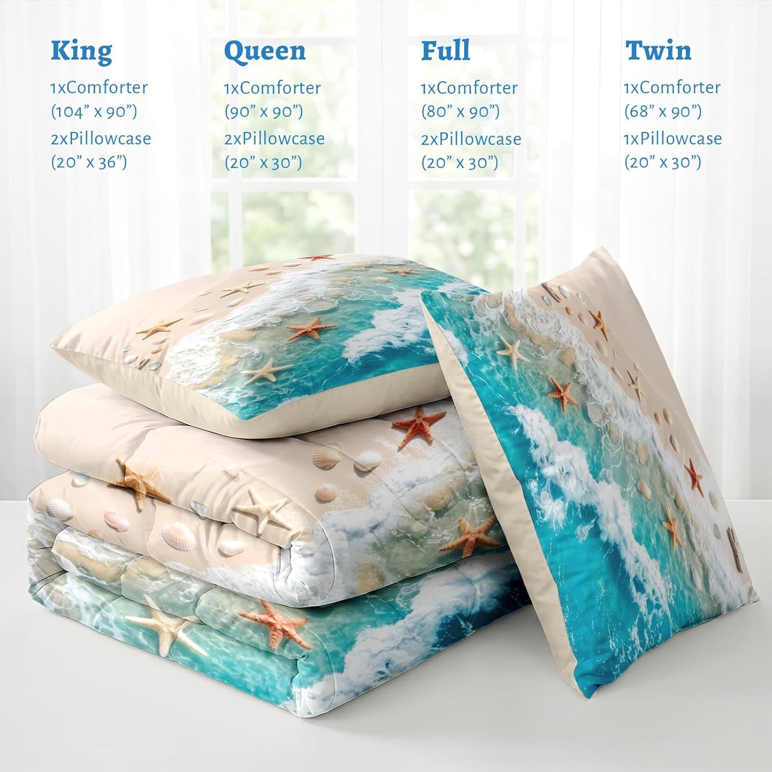 Nesker Queen Comforter Set, 3 Pieces Beach Starfish Bedding, All Season | Seashell Coastal Ocean Summer Soft Comforter Set with 2 Pillowcases for Kids and Adults Room Bedroom Bed Decor