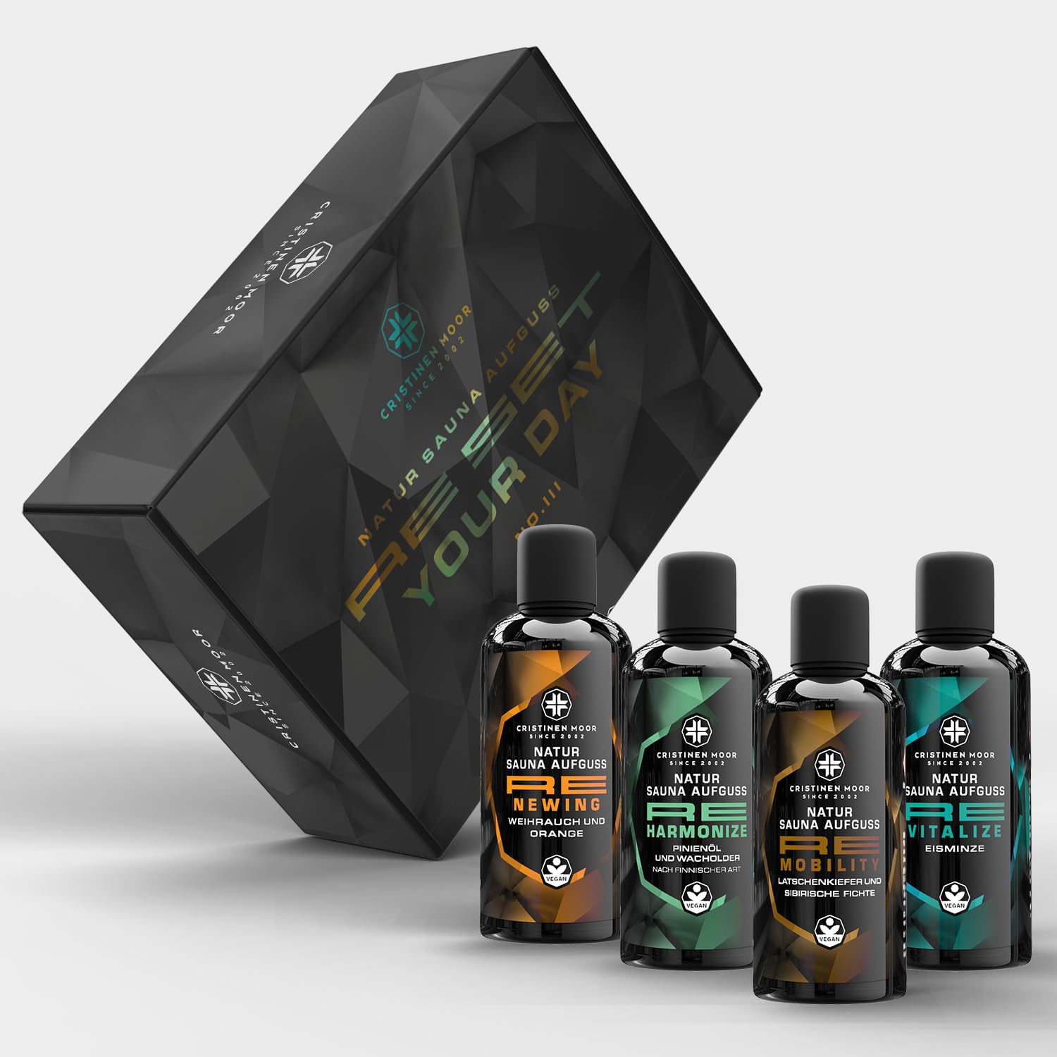 Saunaaufguss Re Collection Set 3 - Re Newing, Re Harmonize, Re Mobility, Re Vitalize 4x100 ml - CristinenMoor Natursaunadüfte ohne synthetische Duftstoffe in edler Umverpackung