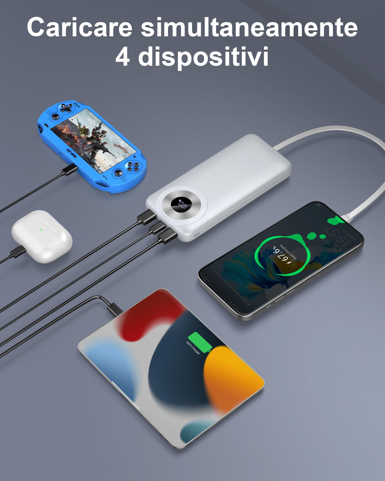 Power Bank 10000mAh, Sottile Powerbank 5V/3A Ricarica Rapida USB C Ingressi e Uscite, Potente Caricatore Portatile con Cavi Integrati, Caricabatterie Portatile per iPhone Samsung Cellulare Tablets ecc