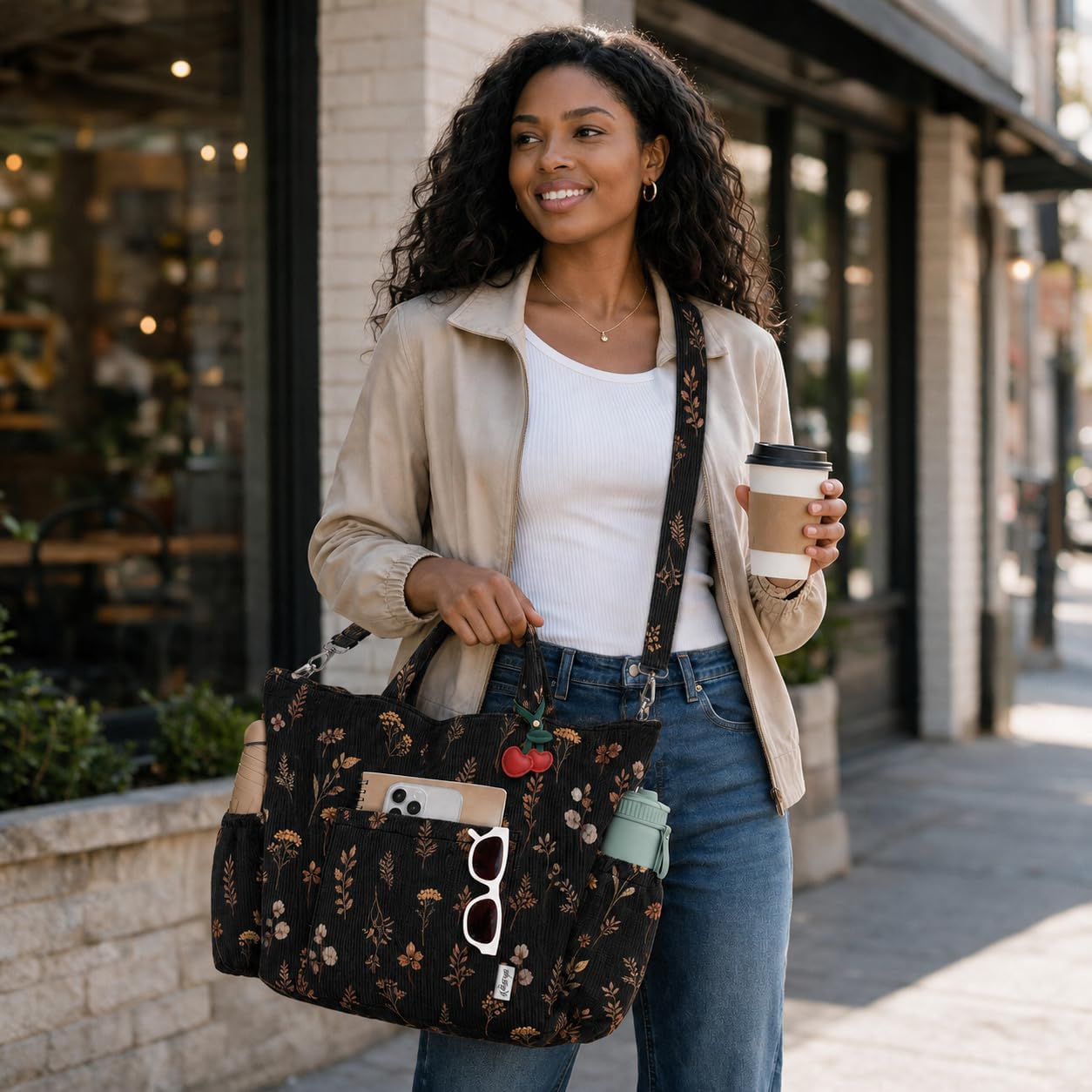 Corduroy Tote Bag for Women, Multi-Pocket