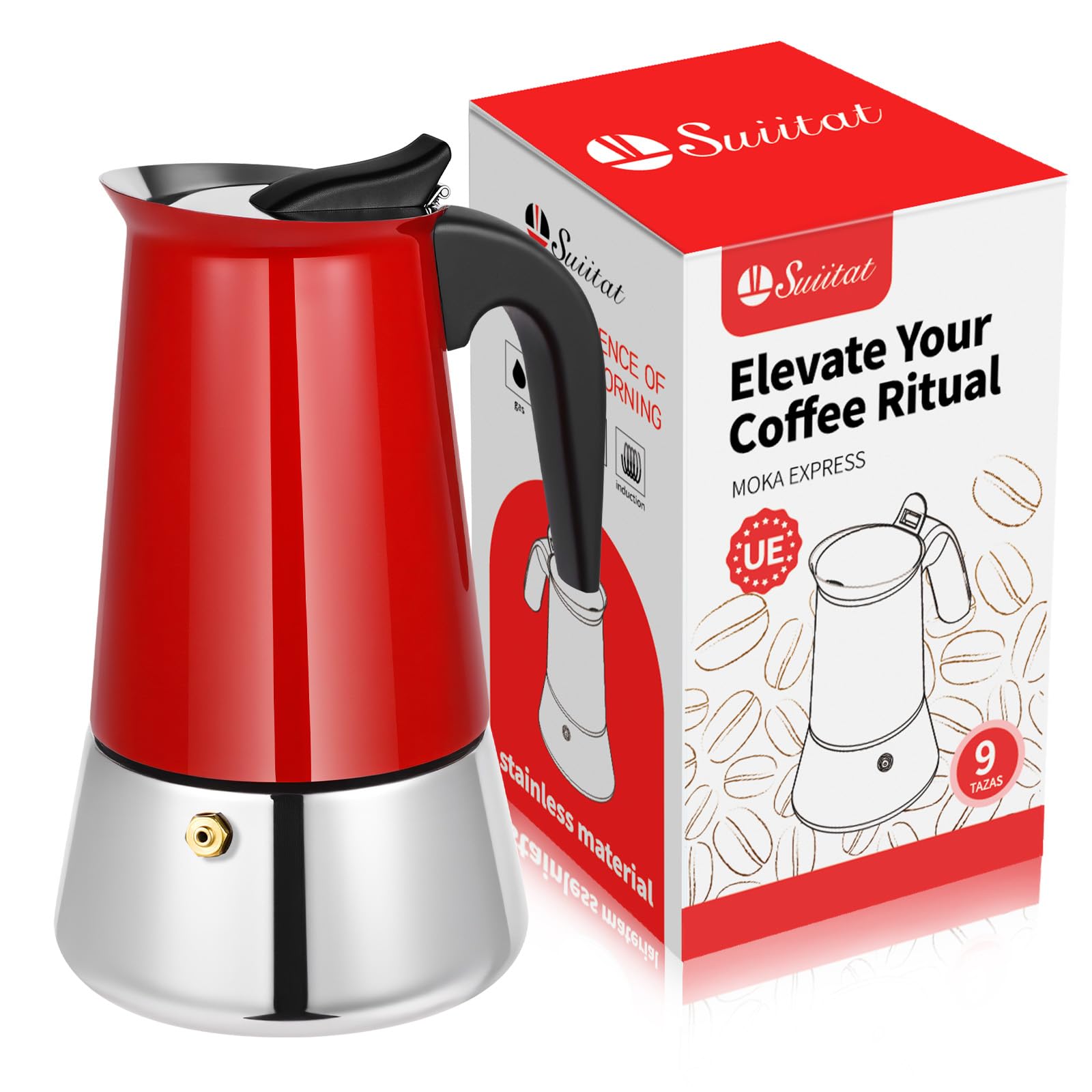 Moka Pot, 9 Cups (15.9 oz) Stovetop Espresso Maker, 304 Stainless Steel Moka Pot, Induction Compatible, Red