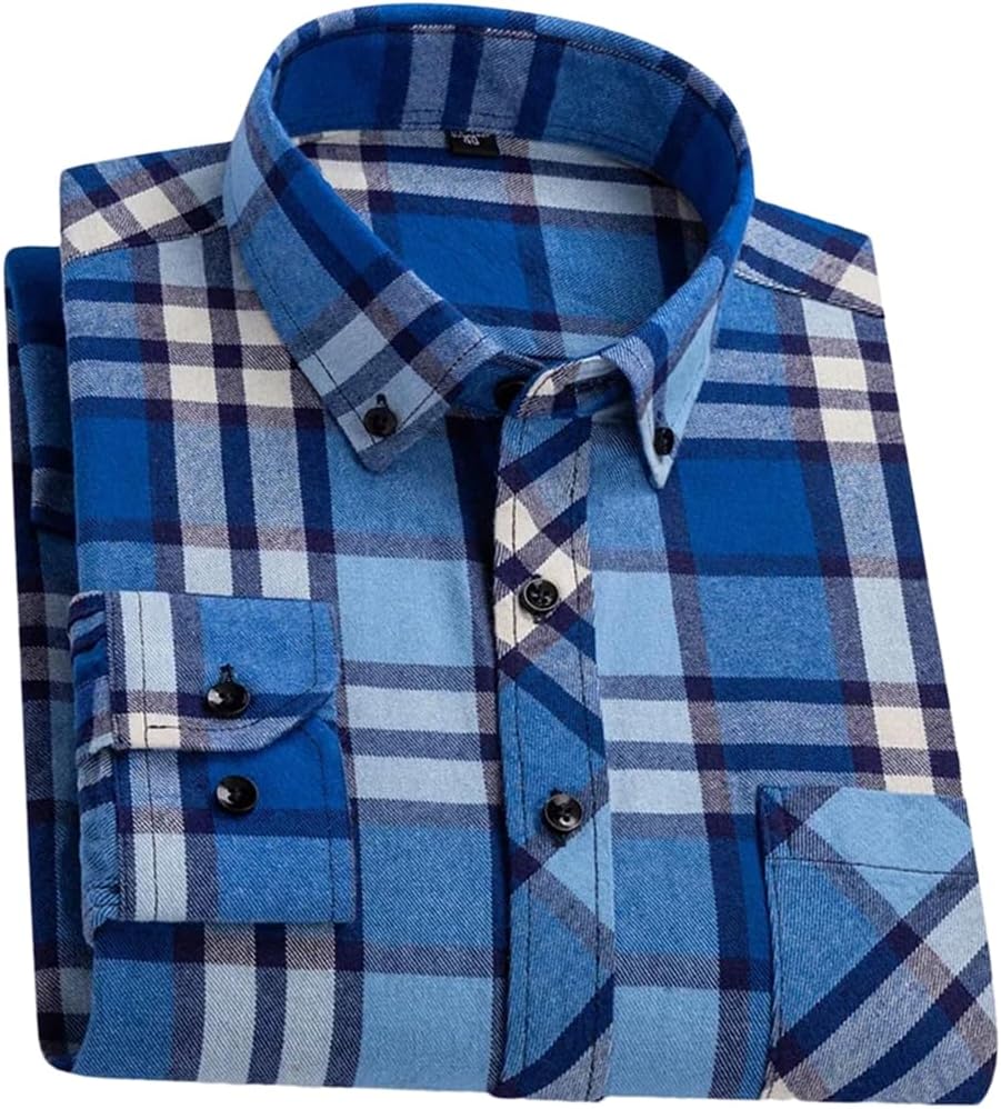 Niiyyjj Men Casual Plaid Long Sleeve Shirt with Pocket Business Buttonses Blouses Man Dress Shirts