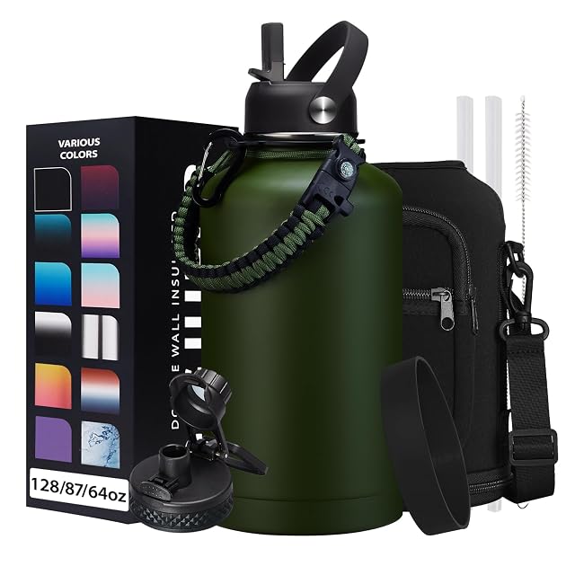64oz Insulated Water Bottle with Straw Auto Spout Lid - Cold 48H Hot 24H Half Gallon Stainless Steel