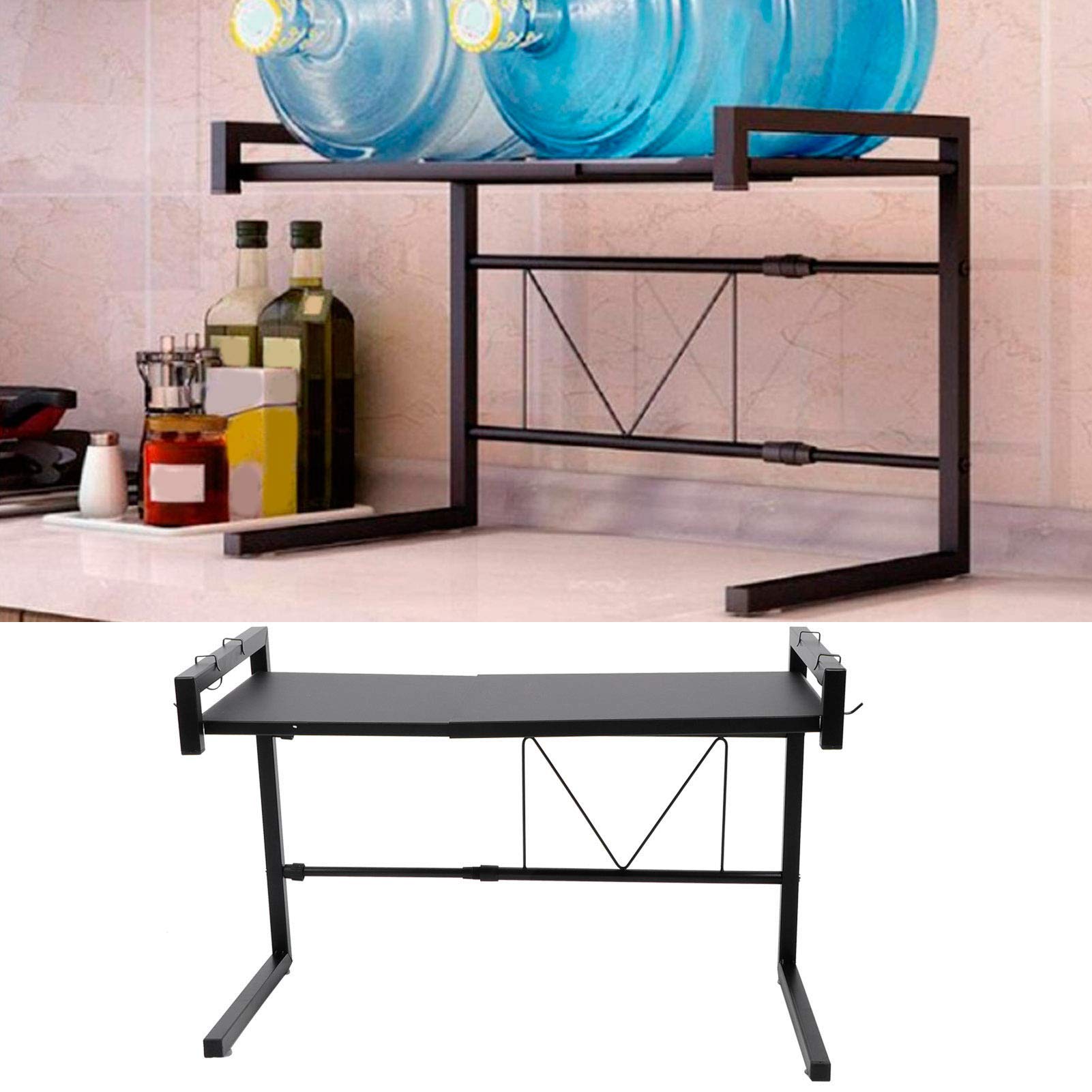 Cocoarm Rejilla Negra para Horno Microondas Soporte para Microondas de Acero Al Carbono Estante Ajustable de 17,3 a 26 X 14 X 16,9 Pulgadas Capacidad de 25 Kg con 4 Ganchos para Encimera de Cocina