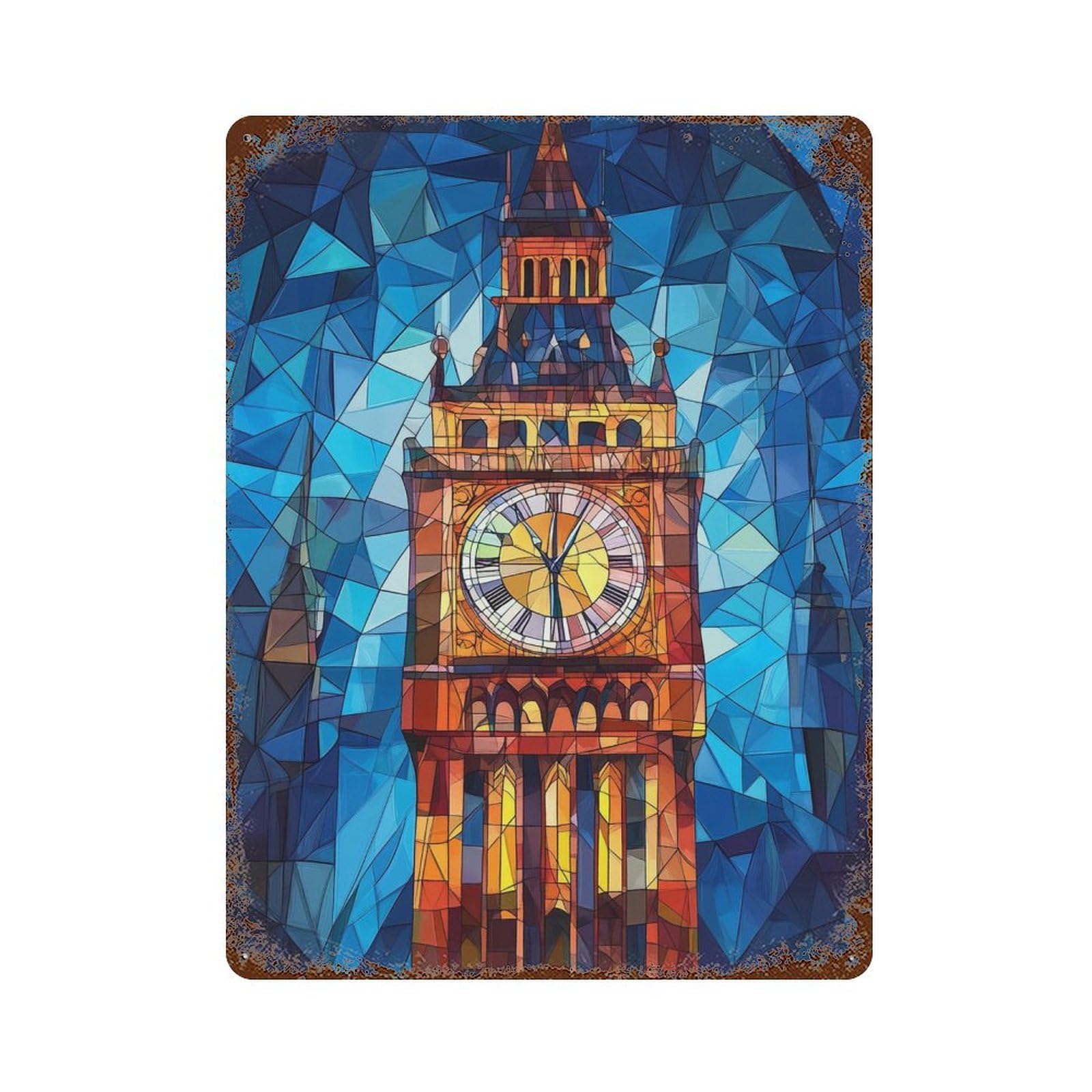 Distressed Metal Wall Sign Stained Glass Clock Tower-3 15.7"x11.8", Shabby Chic Decor for Patio, Garden Room And Bar Decor