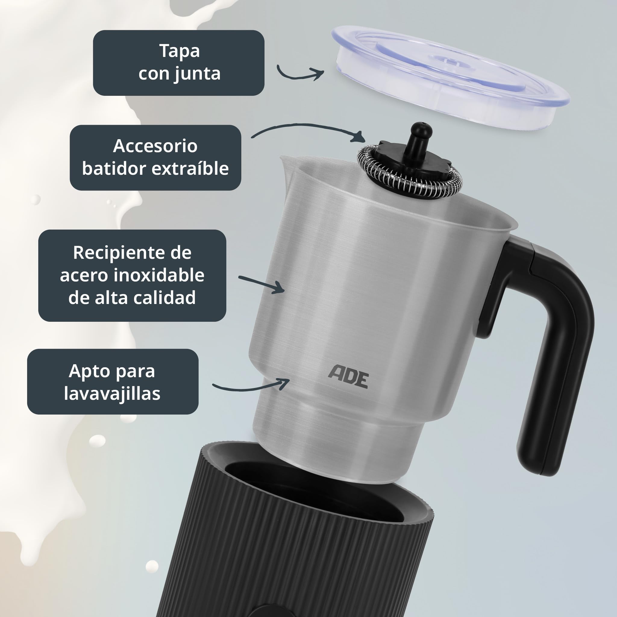 ADE Espumador de Leche Eléctrico 4en1 | para espuma de leche caliente y fría + calienta leche | recipiente inox extraíble | para capuchino, latte macchiato, café helado, cacao | 300 ml | 500 W
