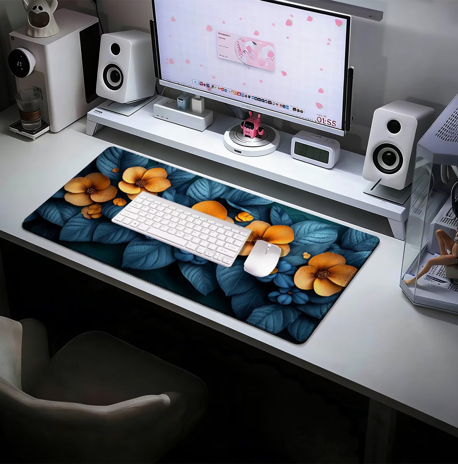 Podkładka pod mysz XXL, niebieska, 1400 x 600 mm, gamingowa podkładka pod mysz, duży kwiat z szytymi krawędziami, podkładka na biurko z antypoślizgową gumową podstawą, akcesoria biurowe, dekoracja