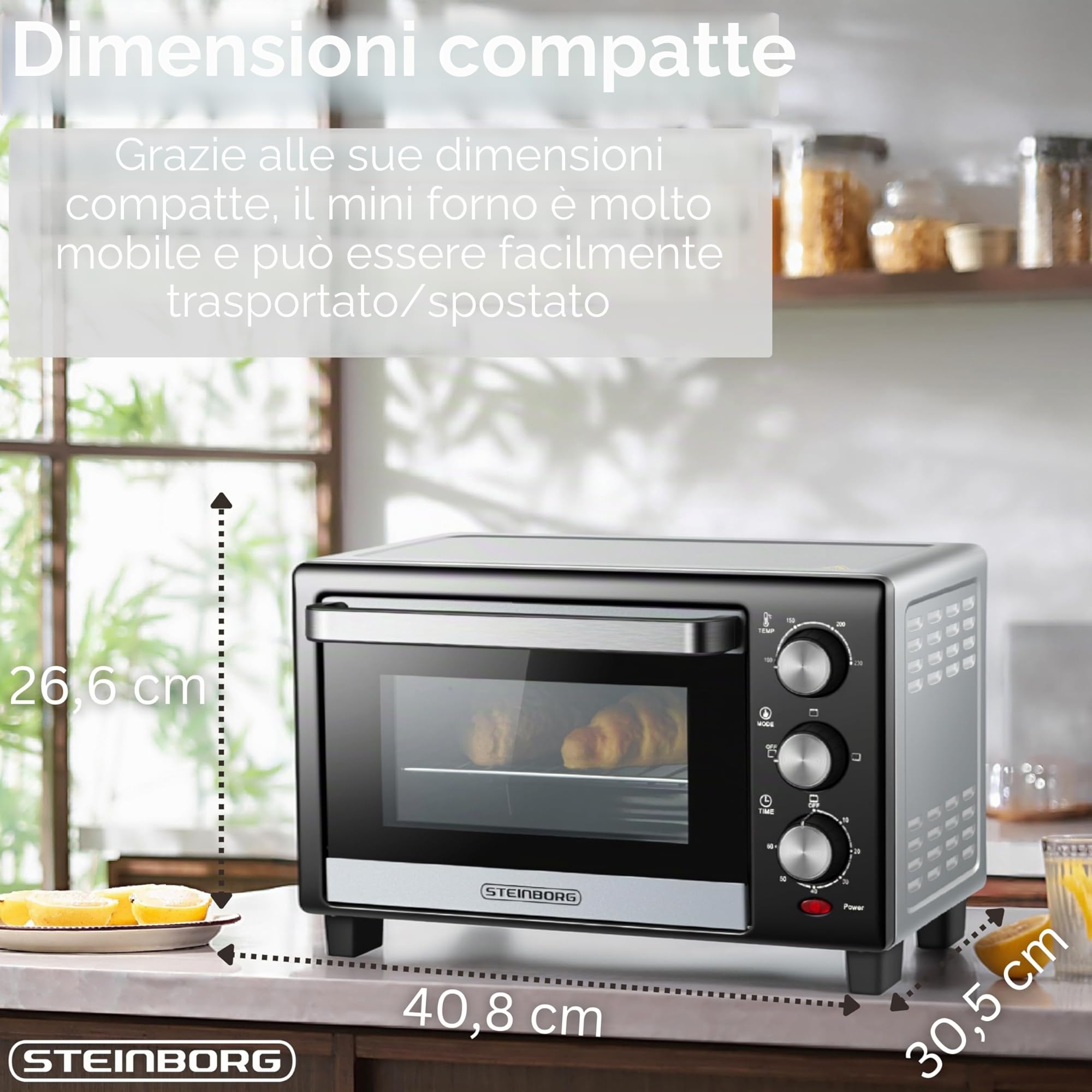 STEInBORG Mini forno 15 litri 3 in 1 forno per pizza calore superiore/inferiore 60 minuti