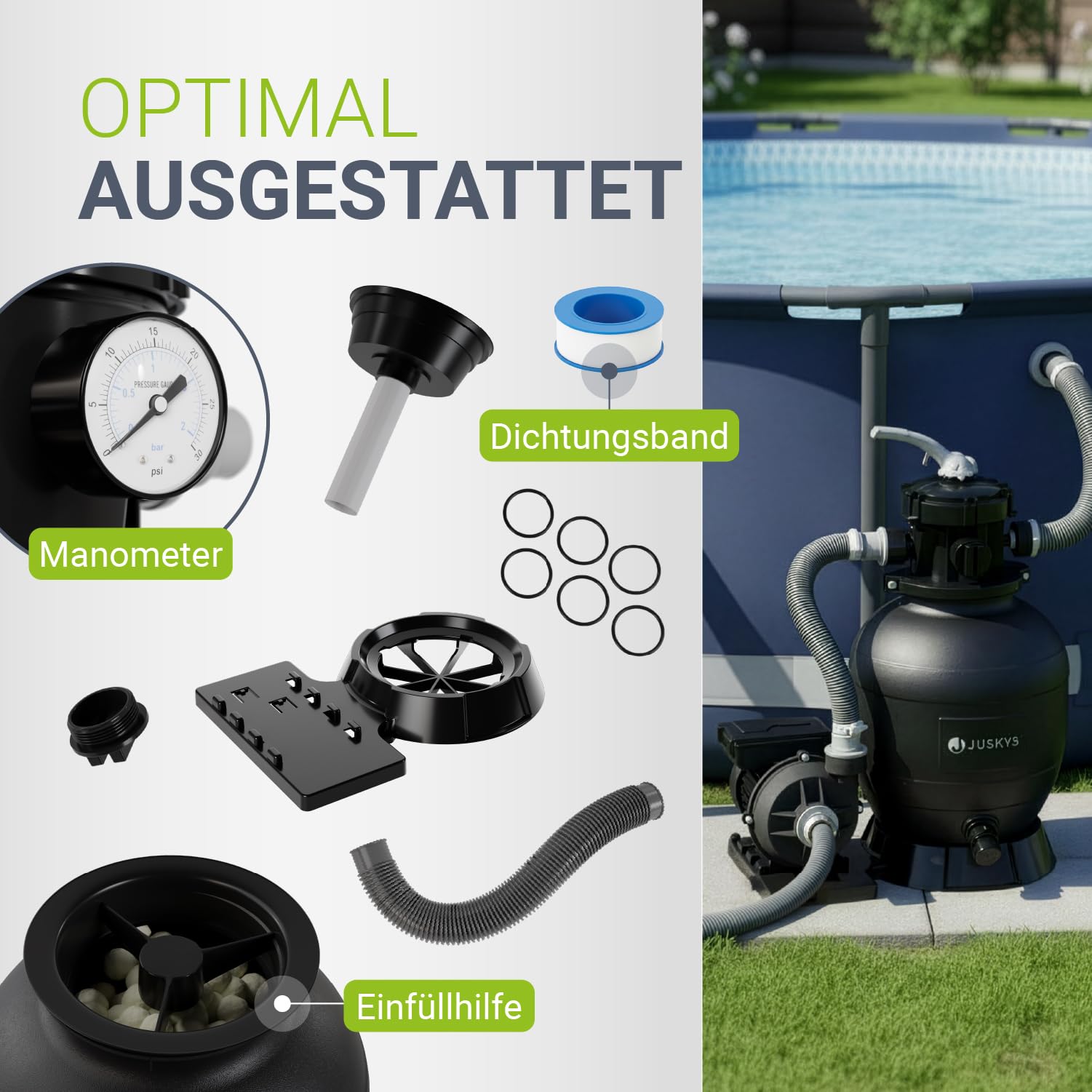 Juskys® Sandfilteranlage 400 W - Poolfilteranlage für 47.000 Liter, effiziente Filtration mit 7-Wege-Ventil, kompakt