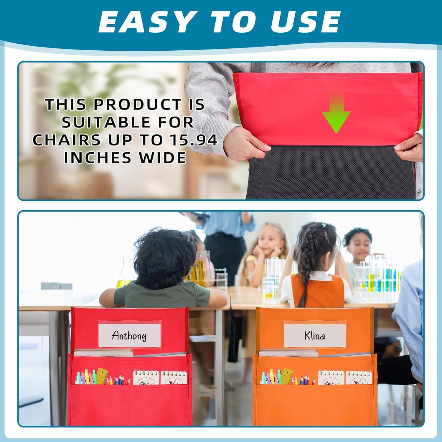 12 Pcs Classroom Chair Pockets, 15.9 x14.8 inch Chair Pockets for Classroom, 6 Bright Color Seat Sacks for Classroom Chairs, Buddy Pocket, Chart Seat Back Organizer with Name Tag