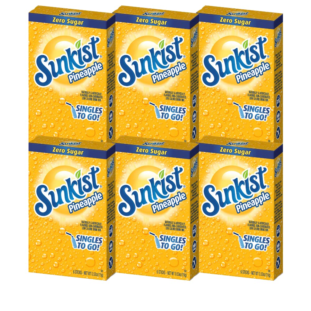 Sunkist Singles-To-Go Drink Mix, Pineapple, Non-Carbonated, Low-Calorie, Zero Sugar, 6 CT in each box (Pack of 6)