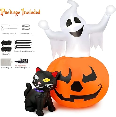 Miniatura 5 de Inflables de Halloween de 5 pies para exteriores, calabaza espeluznante y gato negro de bruja, decoración inflable de Halloween con luces LED