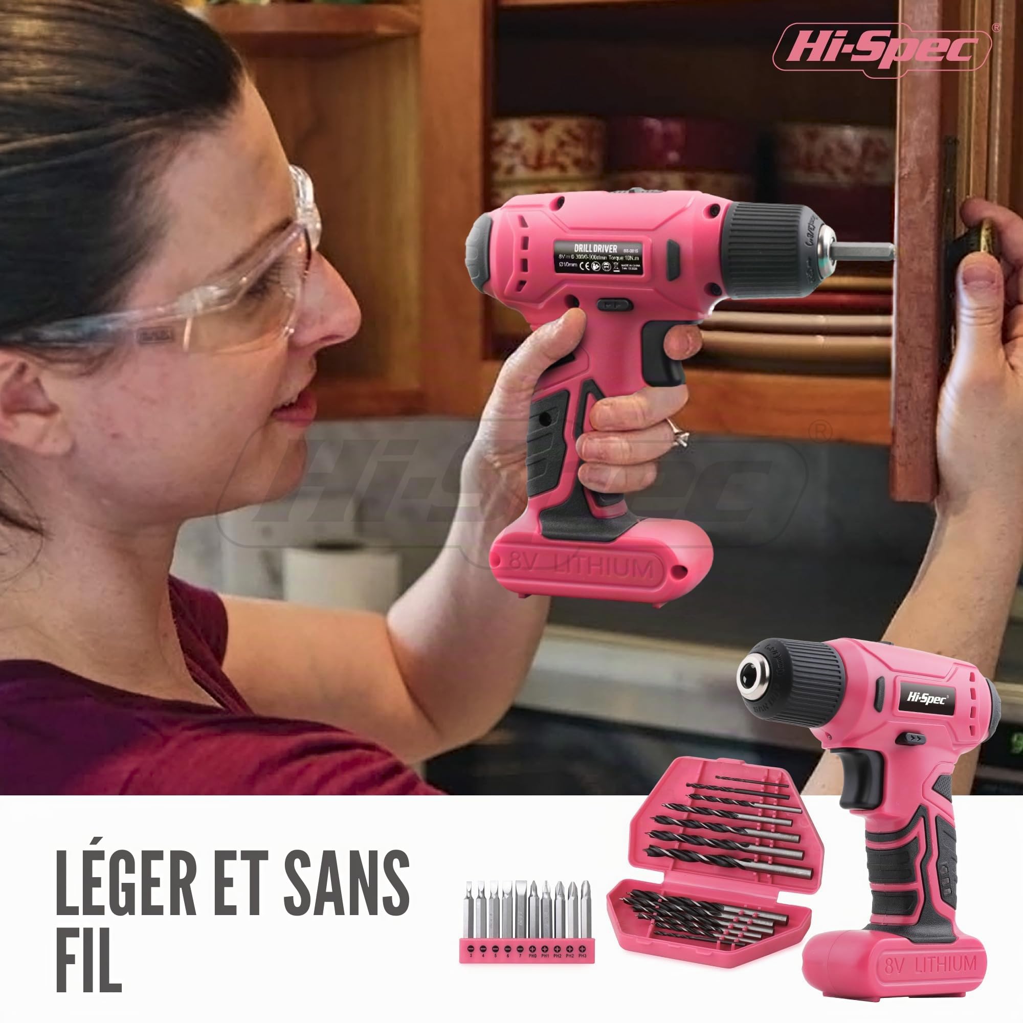 Hi-Spec Perceuse Visseuse devisseuse sans Fil 8V Rose 58pc Boite a Outils Complete avec Outils de Bricolage - Embouts, Forets, Marteau, Tournevis et Plus - Travaux, Entretien et Réparations à Domicile