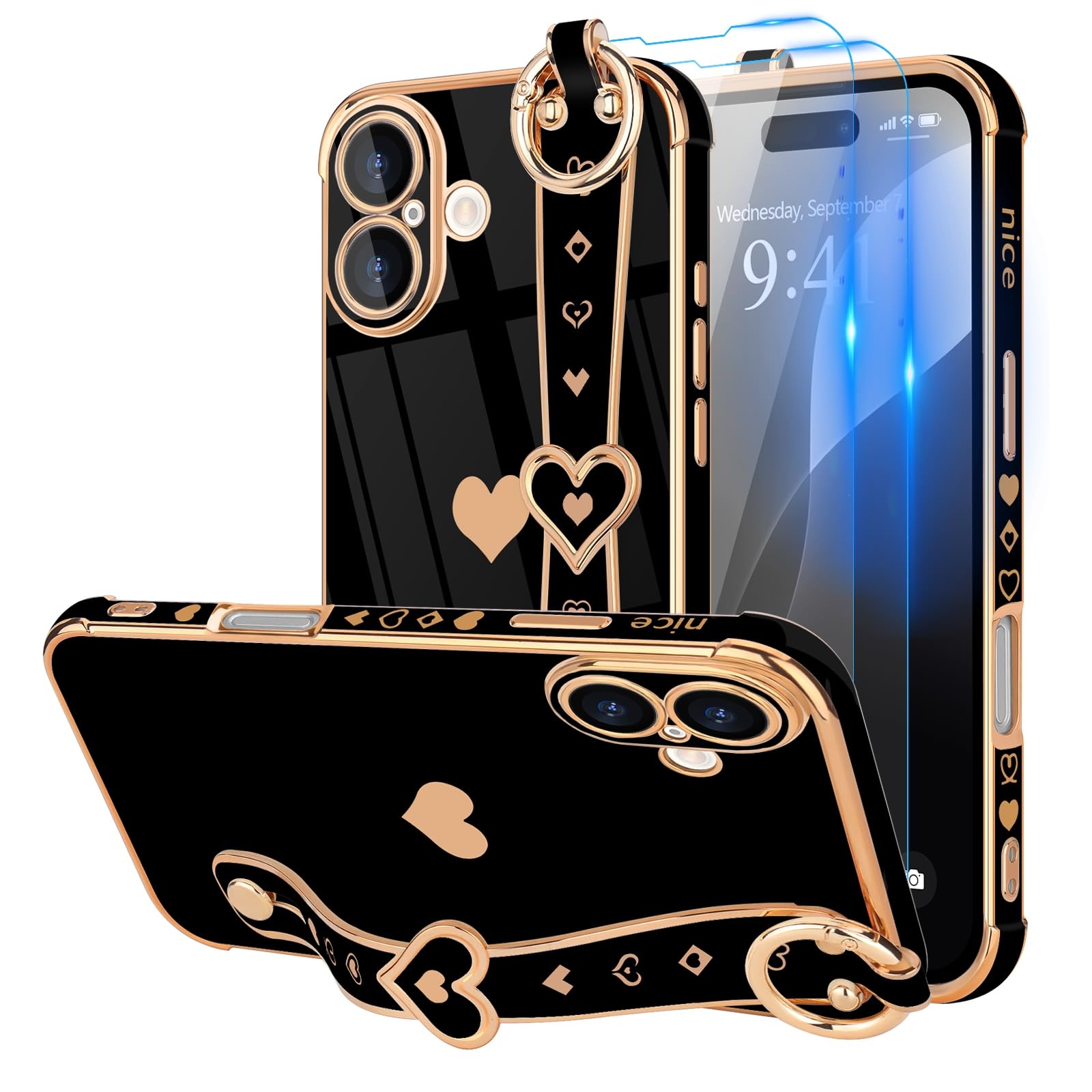 LLZ.COQUE Compatible with iPhone 16 Case with Strap for Women Girls [2× Screen Protectors], Cute Love-Hearts Design, Wristband Kickstand Luxury