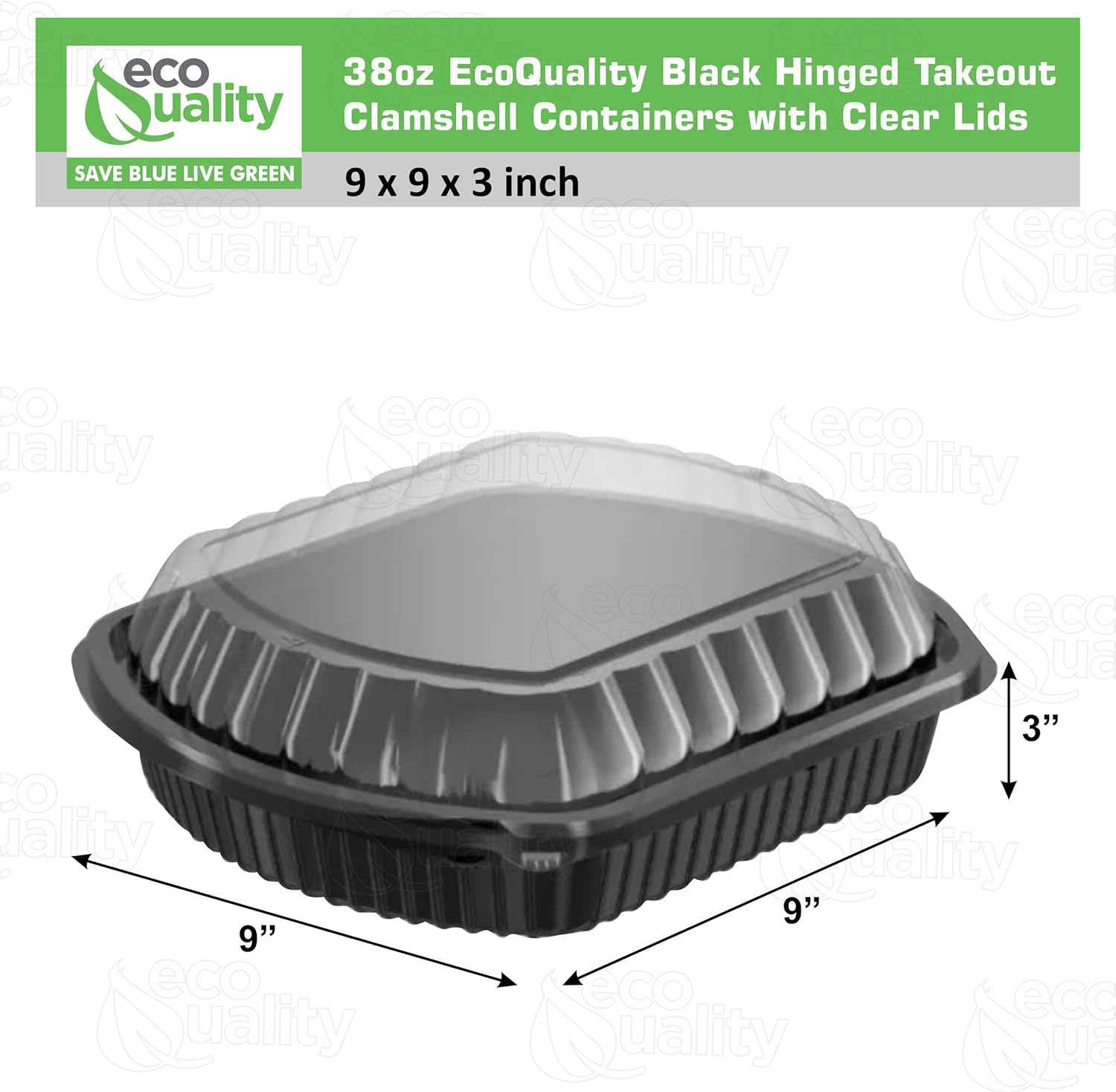 EcoQuality 38oz Black Hinged Takeout Containers with Clear Lids 9x9x3 Inch Food Storage Clamshell for Meal Prep, Restaurant, Catering, and Takeout Packaging (40)