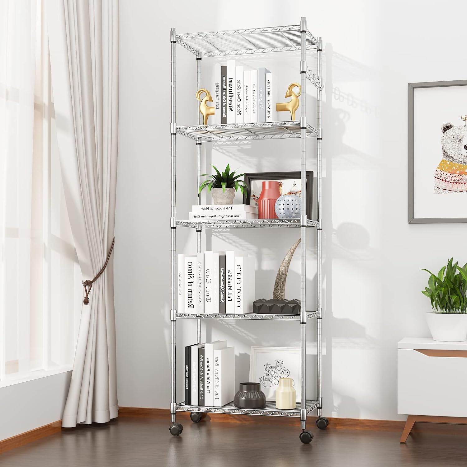 Devo 5-Tier Shelf Shelves for Storage, Wire Shelving Storage Racks, Heavy Duty Shelving, Adjustable Metal Shelf for Garage, Pantry, Kitchen, Side Hooks, Silver(14" D x 24" W x 71" H)