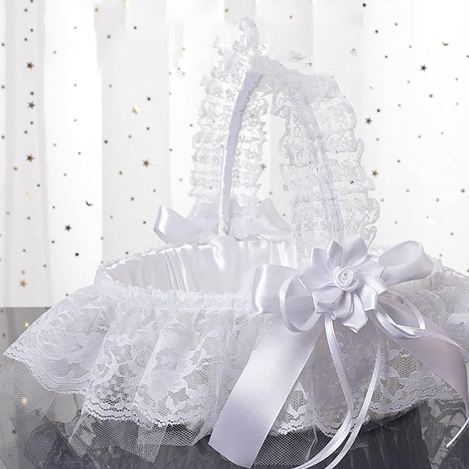 Ivory Flower Girl Baskets for Weddings，Handwoven Flower Girl Basket with Swingable Lace Handle Satin Flowers and Bows, Romantic Large Wedding Baskets for Flower Girls(Milky White/2PCS)