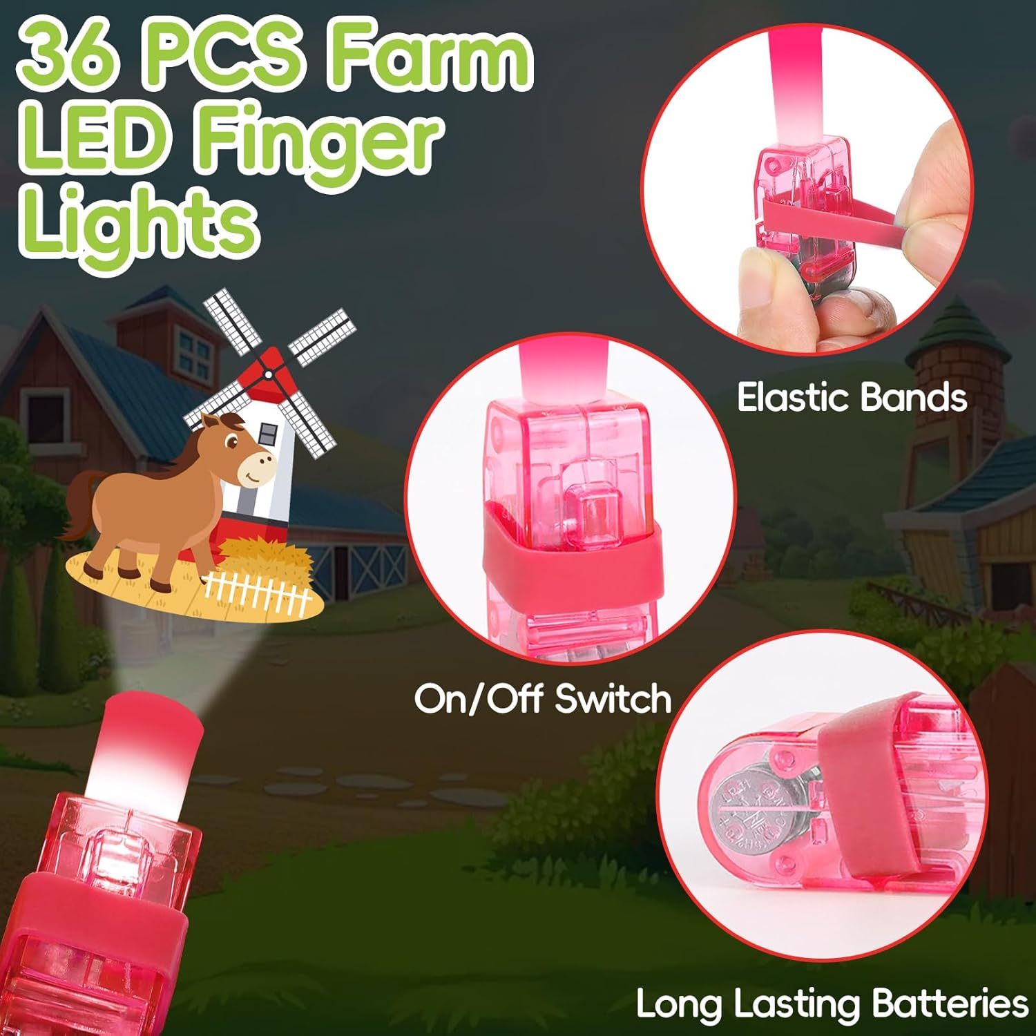 36Pcs Farm Animals Themed LED Finger Lights Farm Party Favors Glow in the Dark Light Up Finger Lights Barnyard Themed Toys Bulk for Birthday Party Favors Treasure Box Goodie Bag Stuffer Birthday Gifts