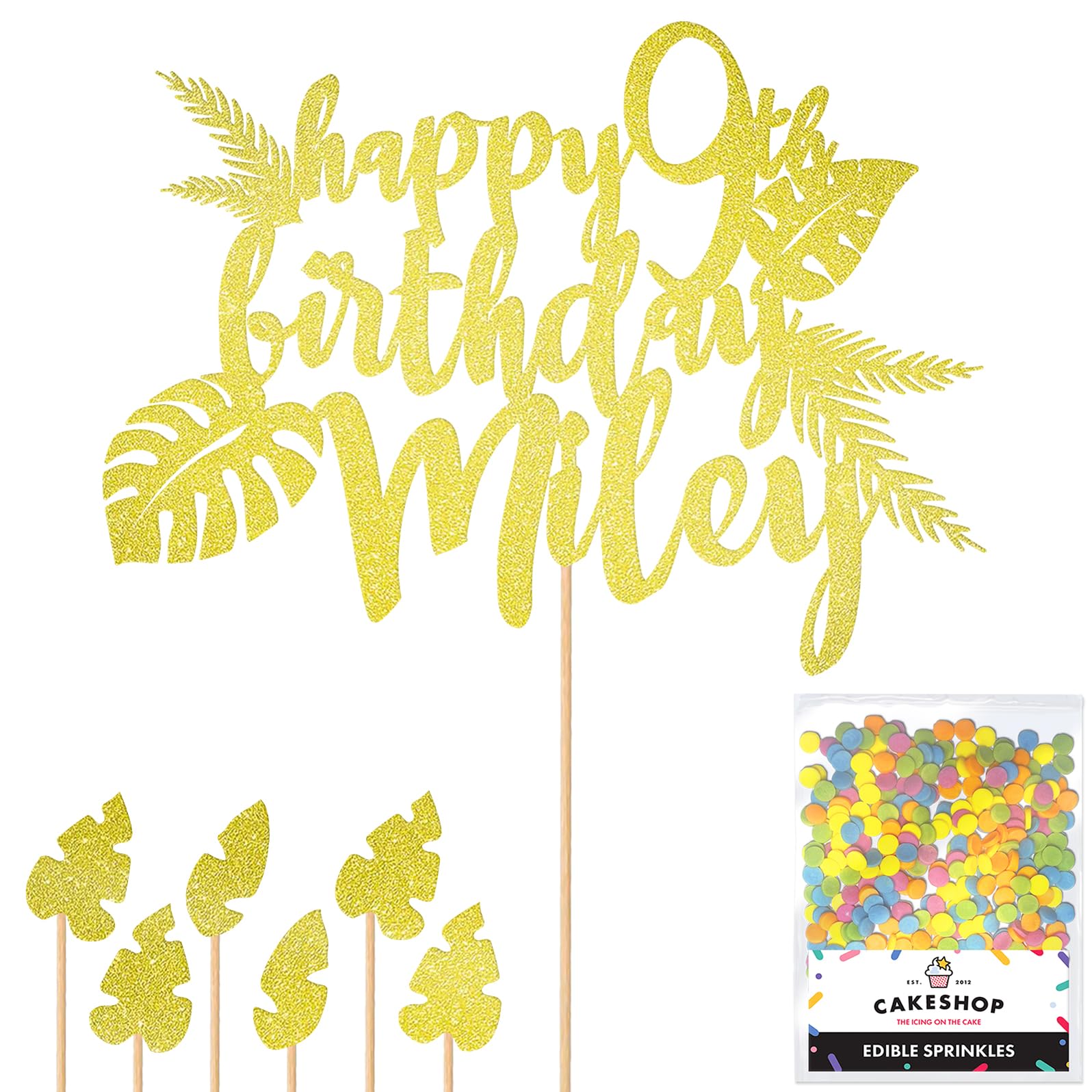 Personalised Birthday Jungle Themed Glitter Cake Topper Champagne Any Custom Age & Name Glitter Cake Decoration and Sprinkles - Happy Birthday Decorations - Personalised Toppers for Cakes by Cakeshop — image 1