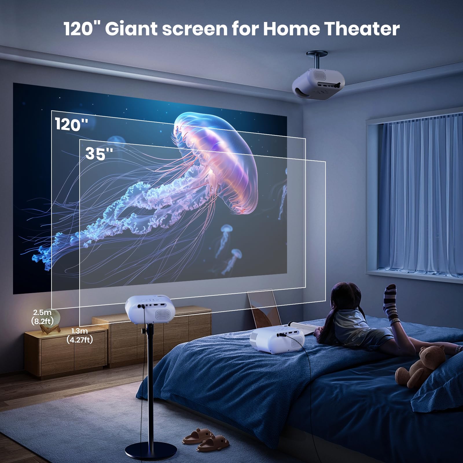 Mini Proiettore 1080P 4K Supporta con WiFi e Bluetooth,Auto Keystone & Zoom,Altoparlante Stereo, Portatile Esterno Casa,Bianco
