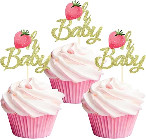 24 decoraciones para cupcakes de fresa Oh Baby con purpurina para cupcakes de verano con fresa, baby shower, suministros de fiesta de cumpleaños de