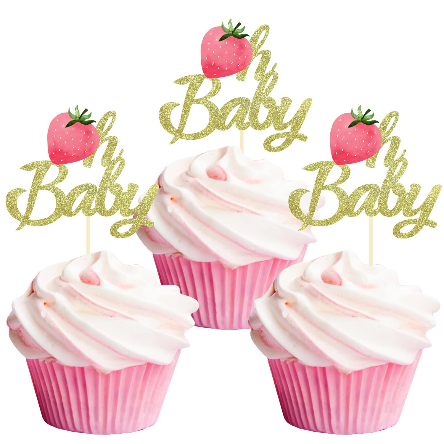 24 Pcs Strawberry Oh Baby Cupcake Toppers, Glitter Oh Baby Cupcake Decorations for Summer Strawberry Baby Shower Kids Birthday Party Supplies (Oh Baby