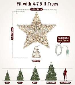 Luxspire Christmas Tree Star Topper, LED Glitter Metal 3D Christmas Decorations Lights, Remote & USB Operated Star Treetop for Home Party, 6H Timer & 8 Lighting Modes, Champagne Gold